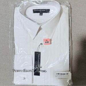 NWT Perry Ellis Evening White Pleated Dress Shirt Long Sleeve, Neck 15 34/35
